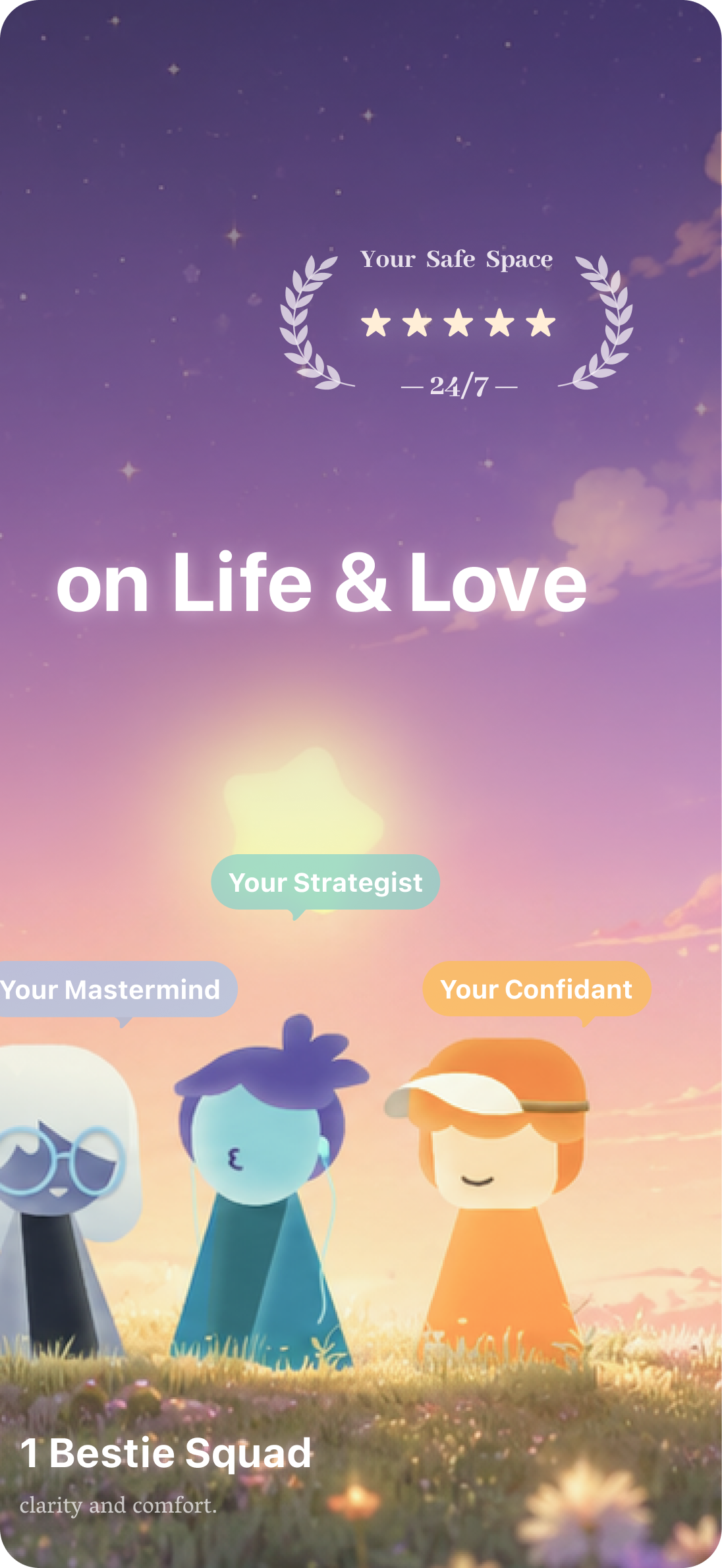 Bestie AI App Store screenshot: on life and love