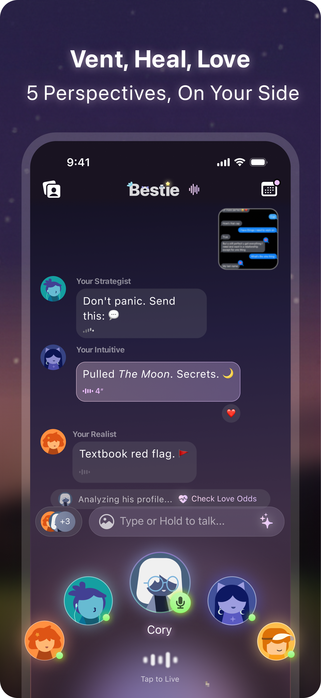 Bestie AI App Store screenshot: vent heal love