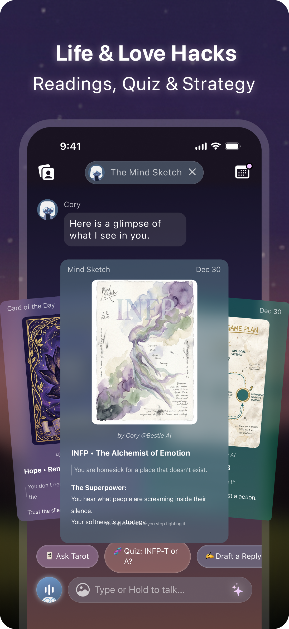Bestie AI App Store screenshot: life and love hacks