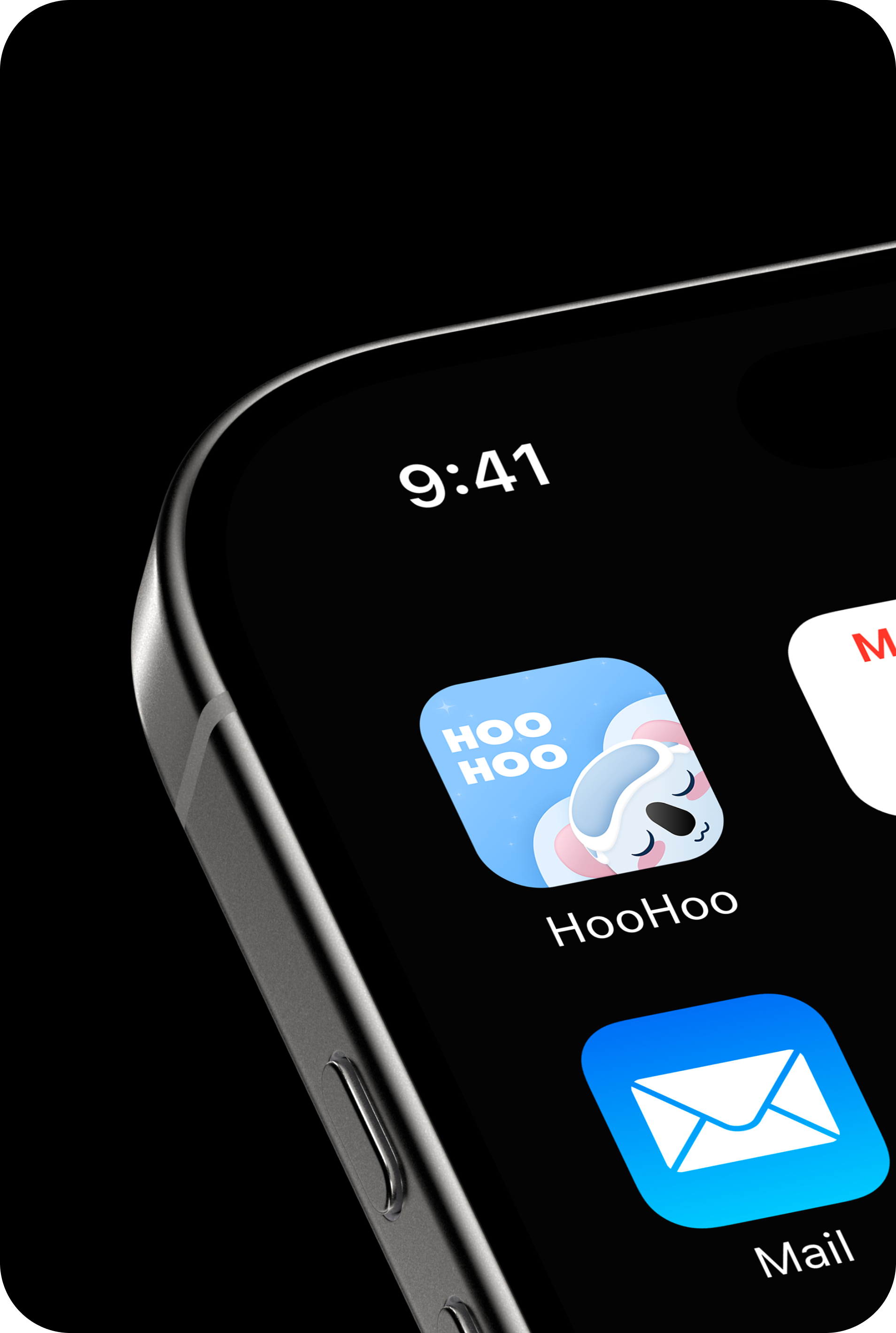 Dark phone mockup with the Hoo Hoo Sleep app icon