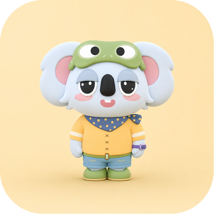Hoo Hoo Sleep koala in frog outfit on a yellow tile