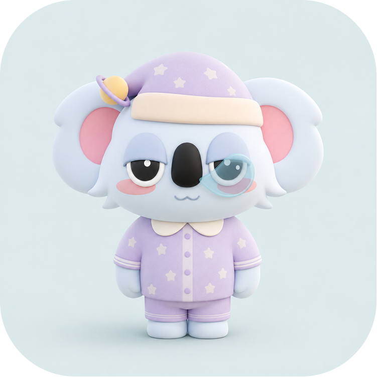 Hoo Hoo Sleep koala in purple sleepwear on a pale blue tile