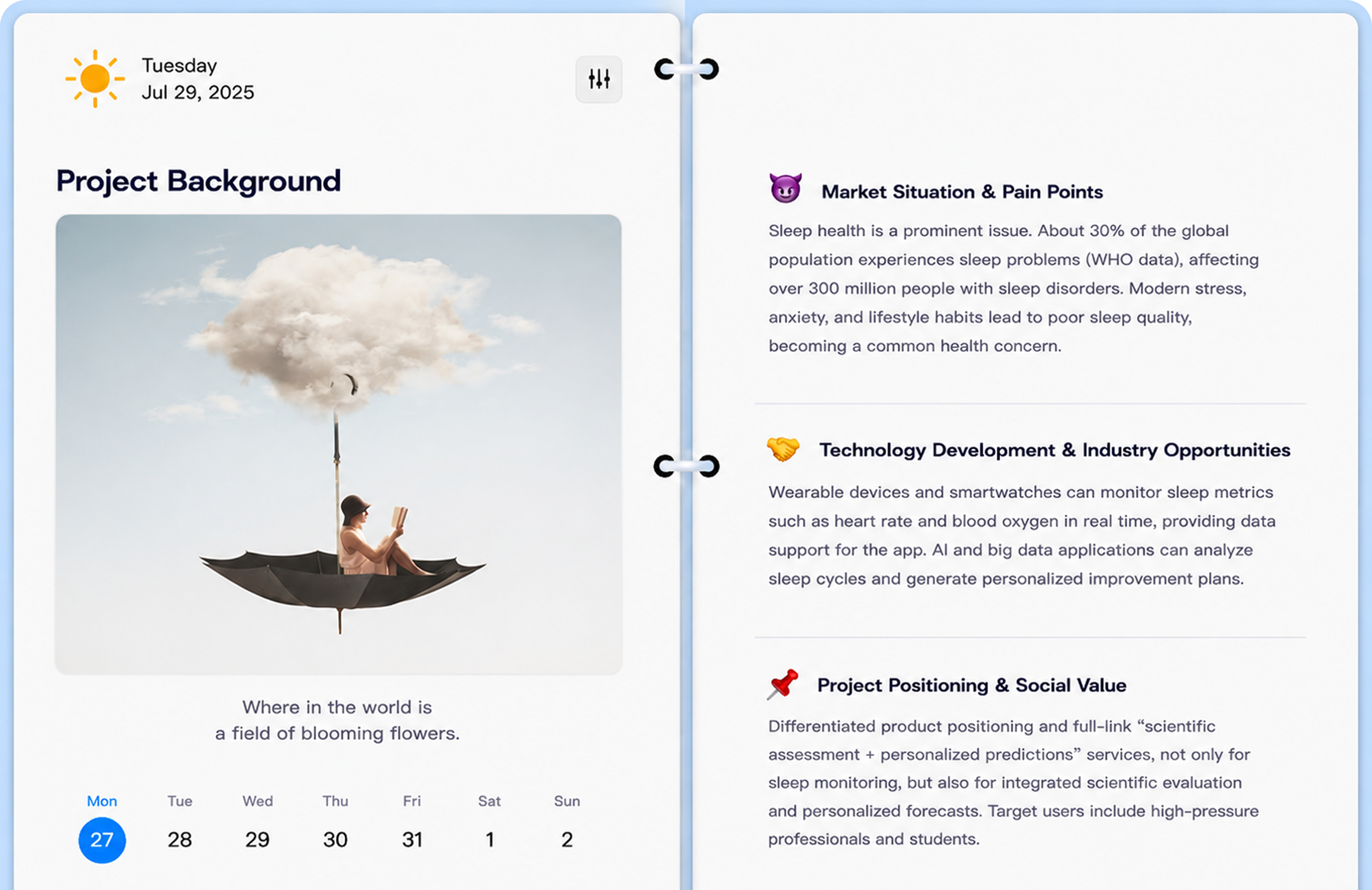 Project background notebook with sleep health market pain points, technology opportunities, and project positioning
